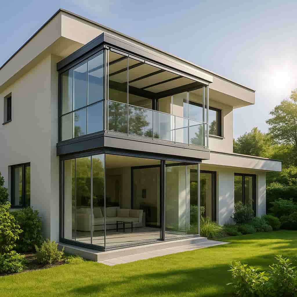 Isı Camlı Katlanır Cam Balkon Sistemleri – Konfor, Estetik ve Yalıtım Bir Arada 3 20251022 1344 Modern Villa with Balcony simple compose 01k85r8d1rezwaz1251zvty4d9 1